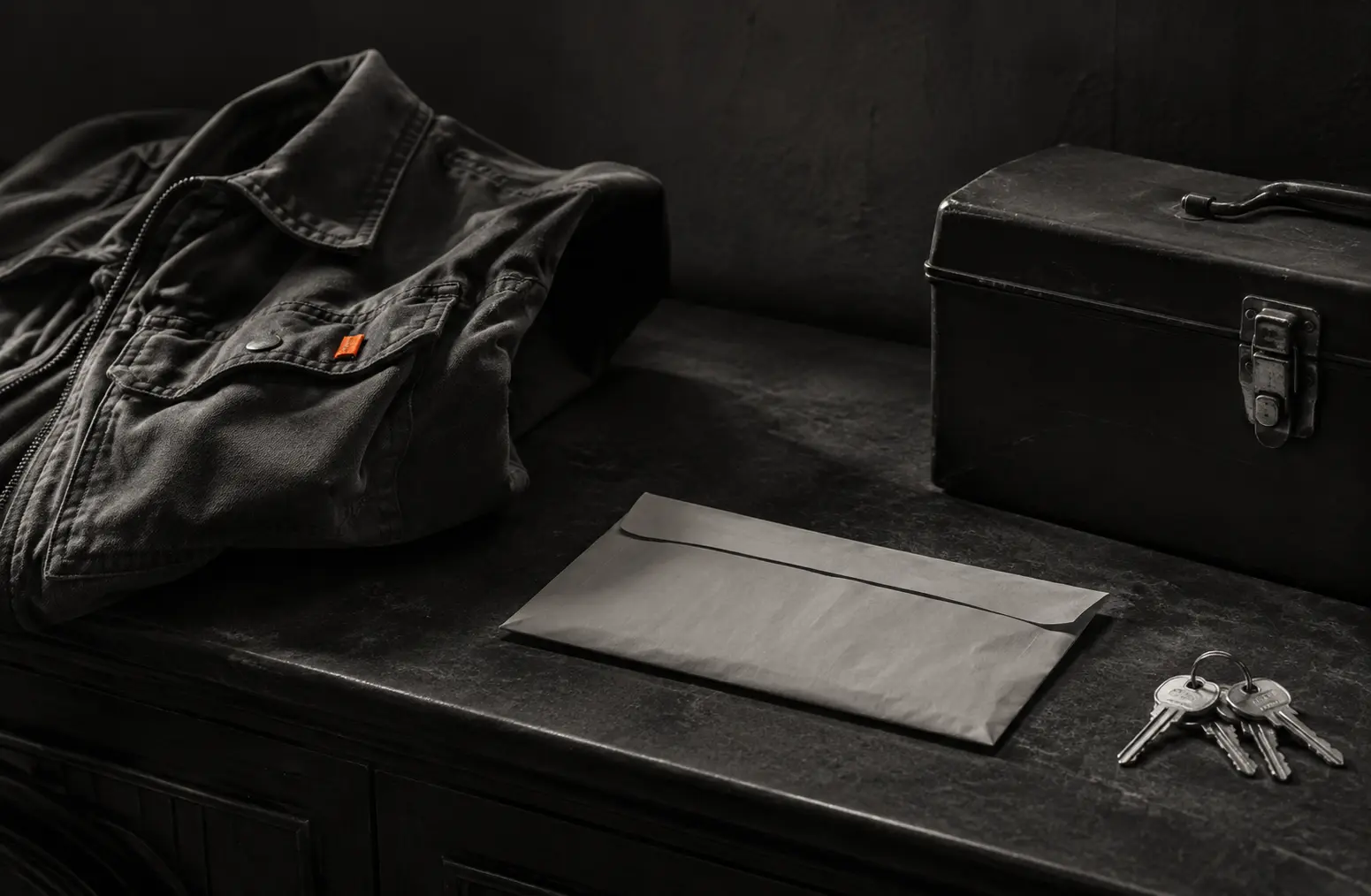 A work jacket, toolbox, keys, and sealed envelope on a dark counter
